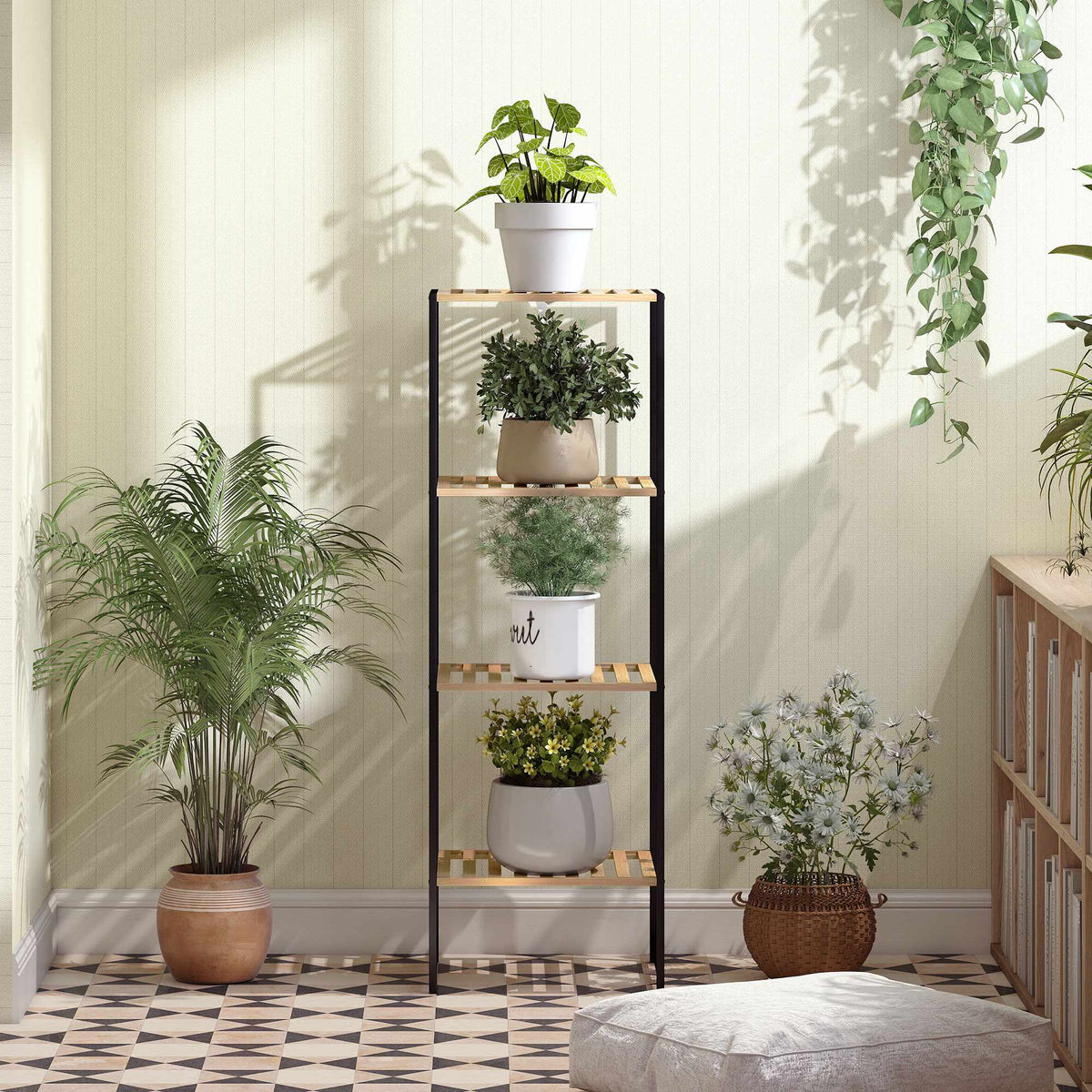 Bamboe-stalen rek, 4 niveaus, 36,5 x 33 x 110 cm