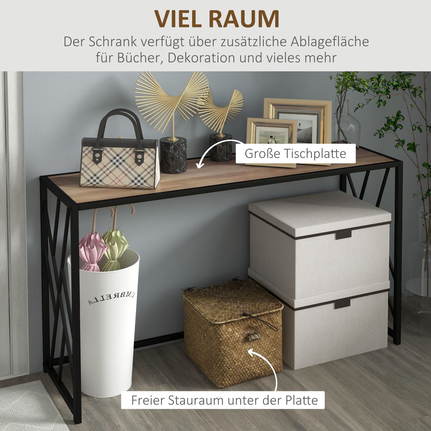Industriële sidetable, stalen poten, 120x35x75 cm, bruin