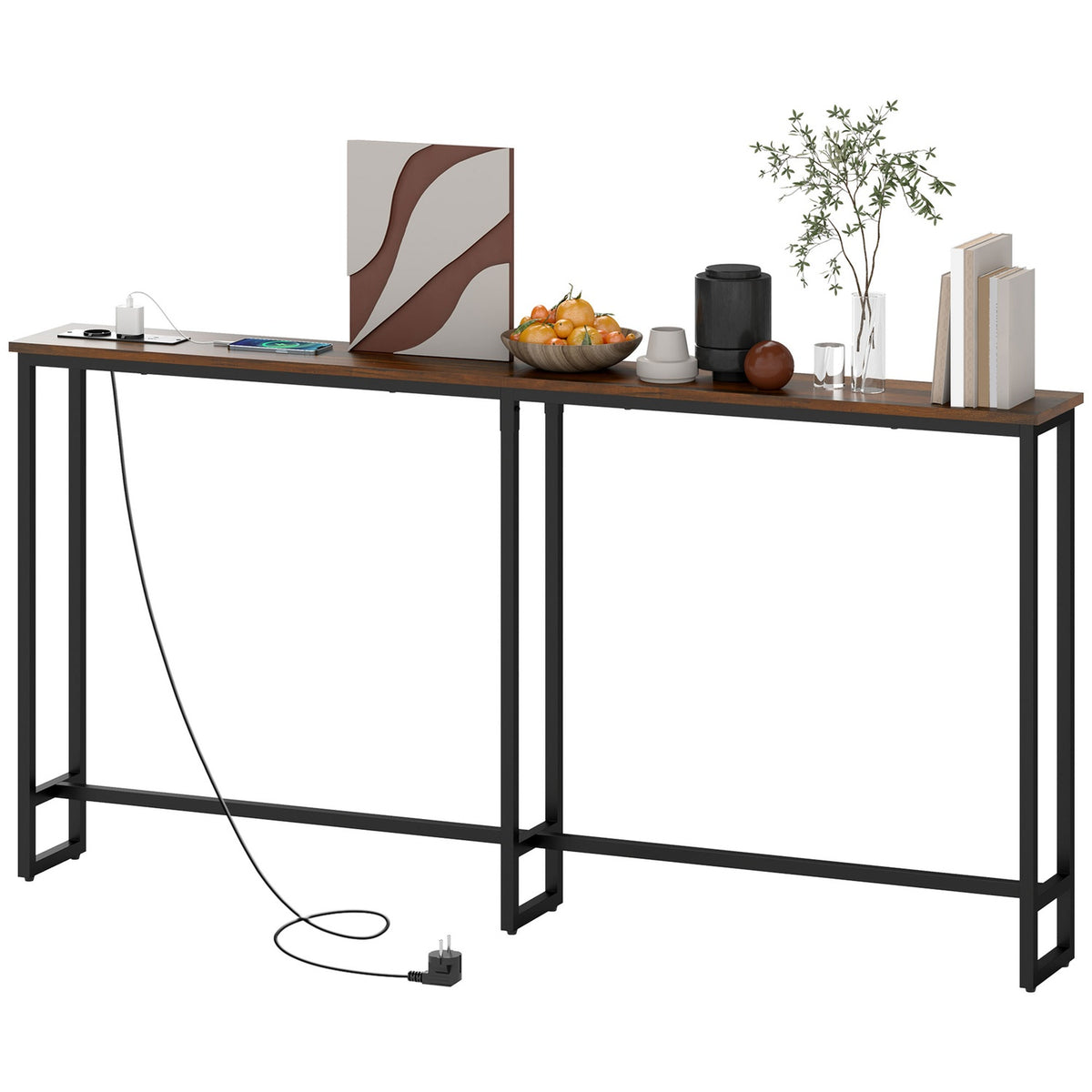 Industriële smalle consoletafel, laadstation, rustiek bruin