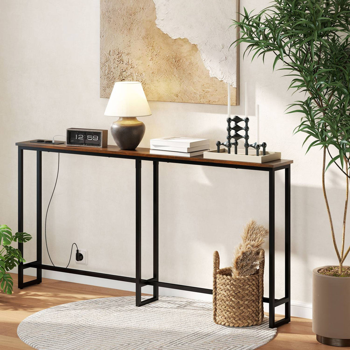 Industriële smalle consoletafel, laadstation, rustiek bruin