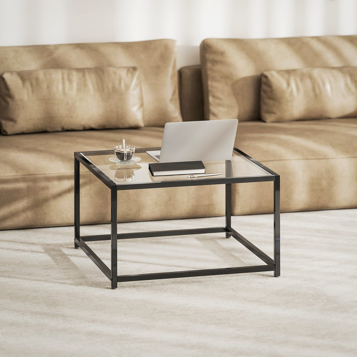 Industriële salontafel, gehard glas & staal, 68x68 cm