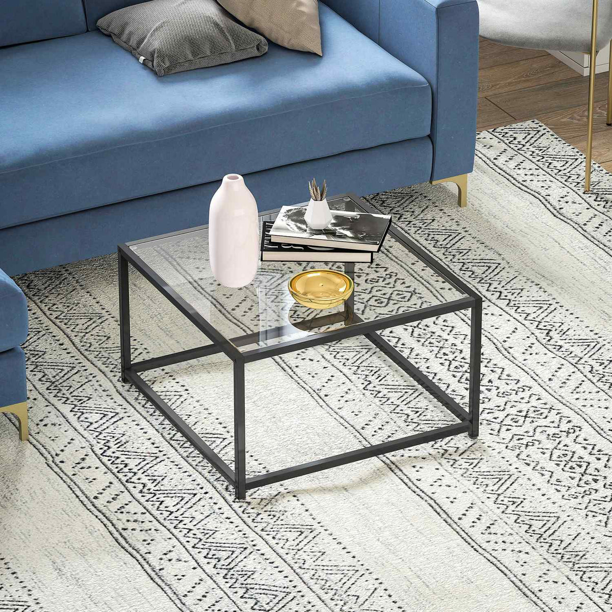Industriële salontafel, gehard glas & staal, 68x68 cm