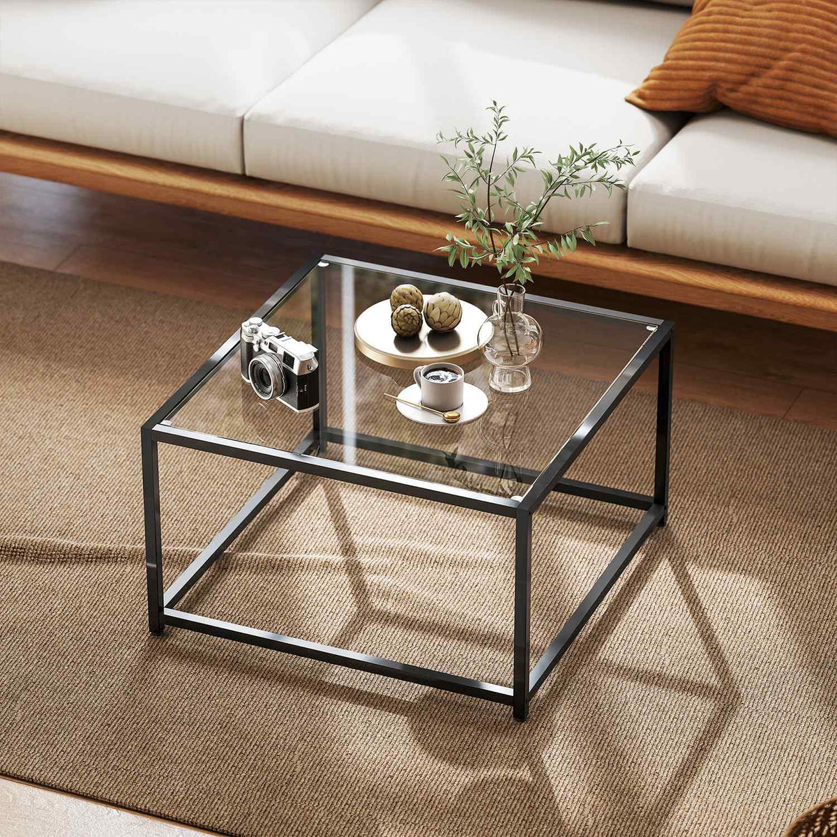 Industriële salontafel, gehard glas & staal, 68x68 cm
