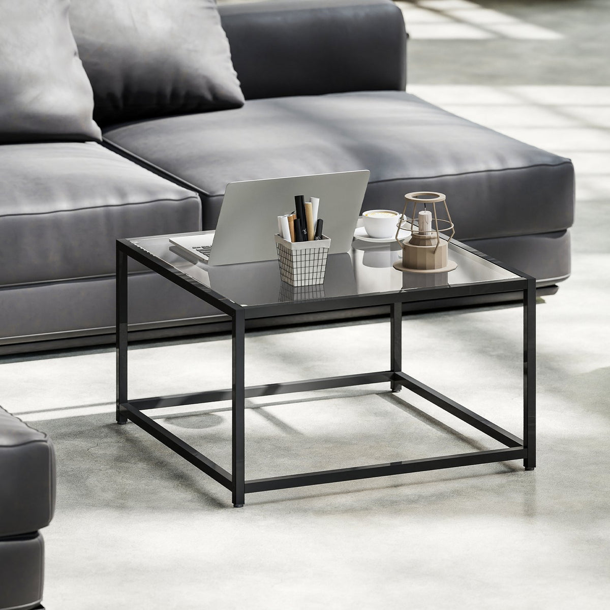 Industriële salontafel, gehard glas & staal, 68x68 cm
