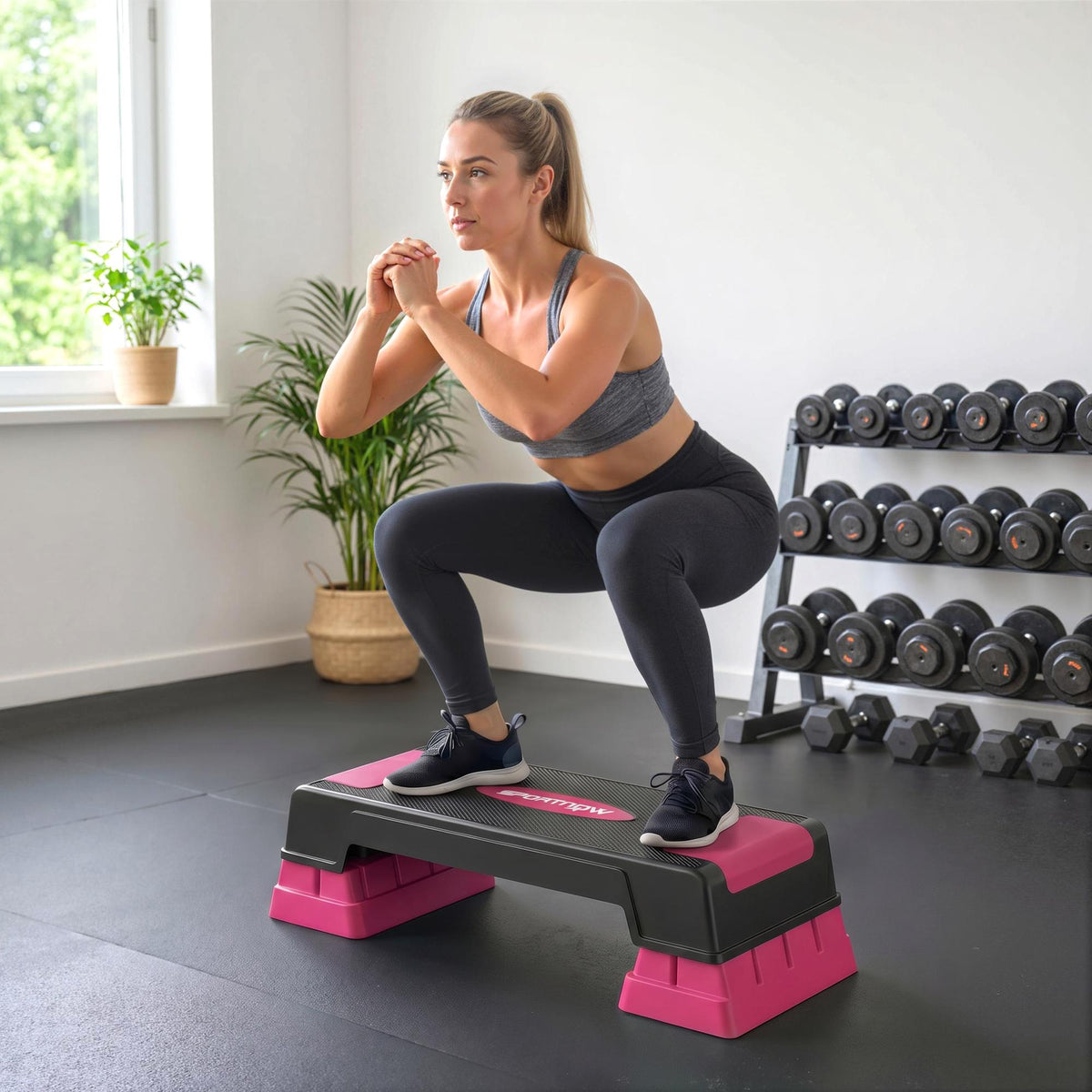 Verstelbaar aerobe stepplatform, 3 hoogtes, zwart/roze