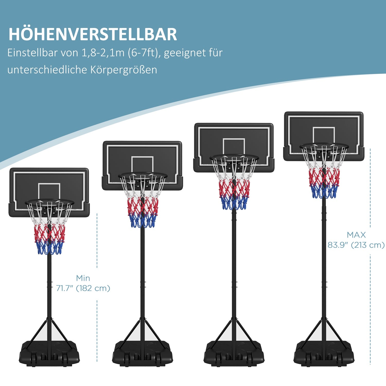 Verstelbare basketbalring met standaard en wielen, 220-250 cm