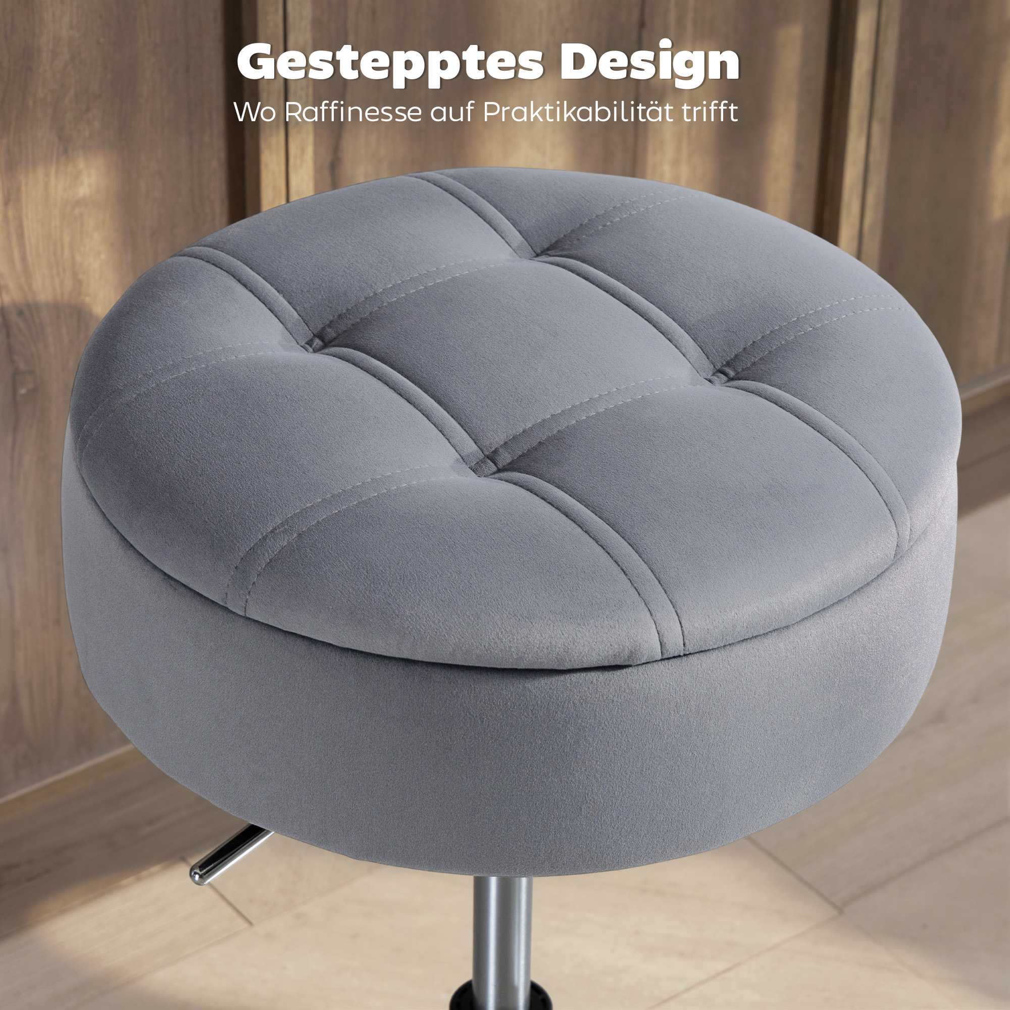Justerbar grå sammetsbarstol med förvaring, 39x39x65 cm