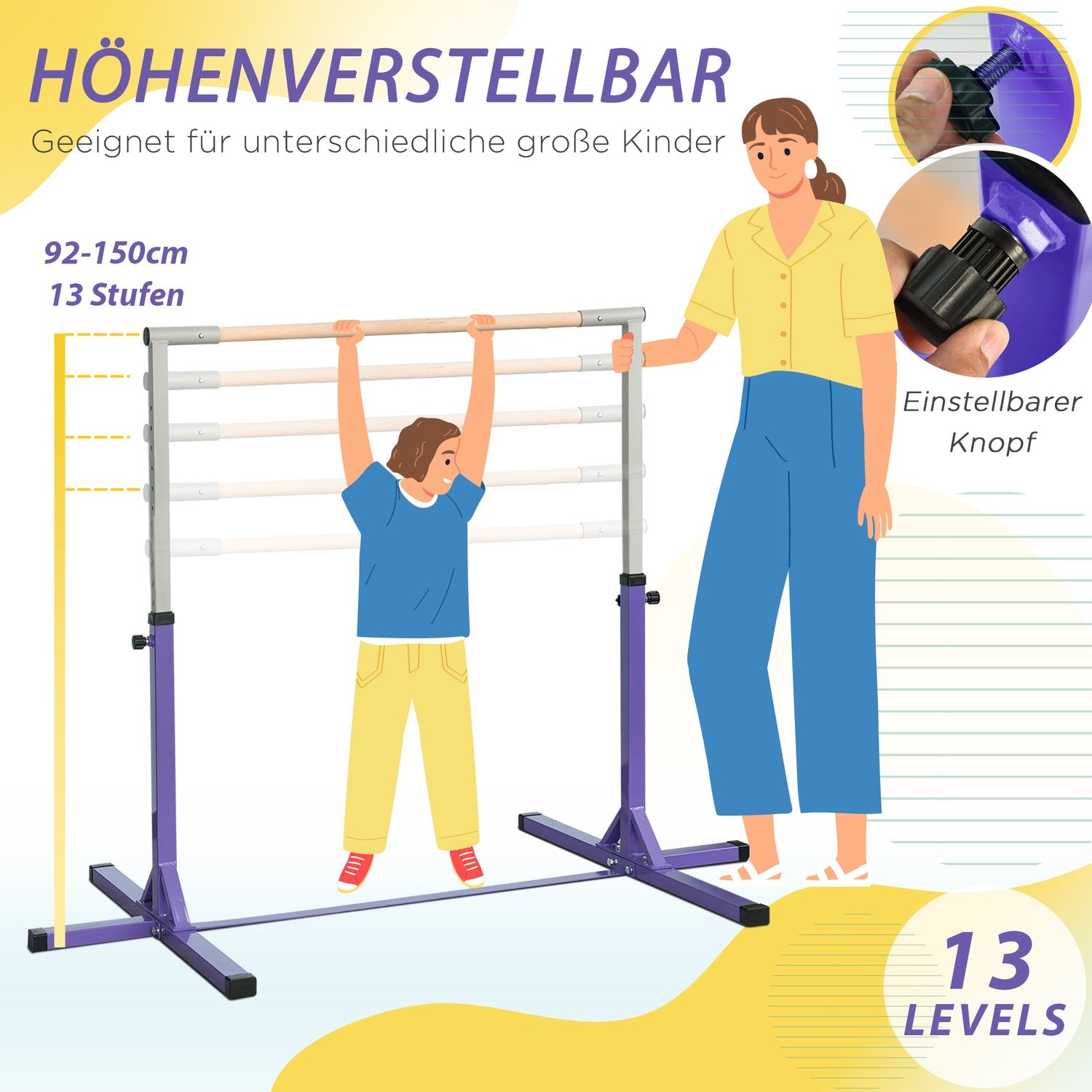 Justerbar gymnastikstång, 13-nivåer, stål & trä, 75 kg Kapacitet