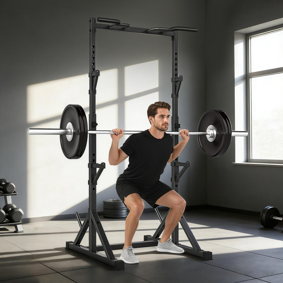 Verstelbaar squatrek met pull-upstang, 200 kg, zwart