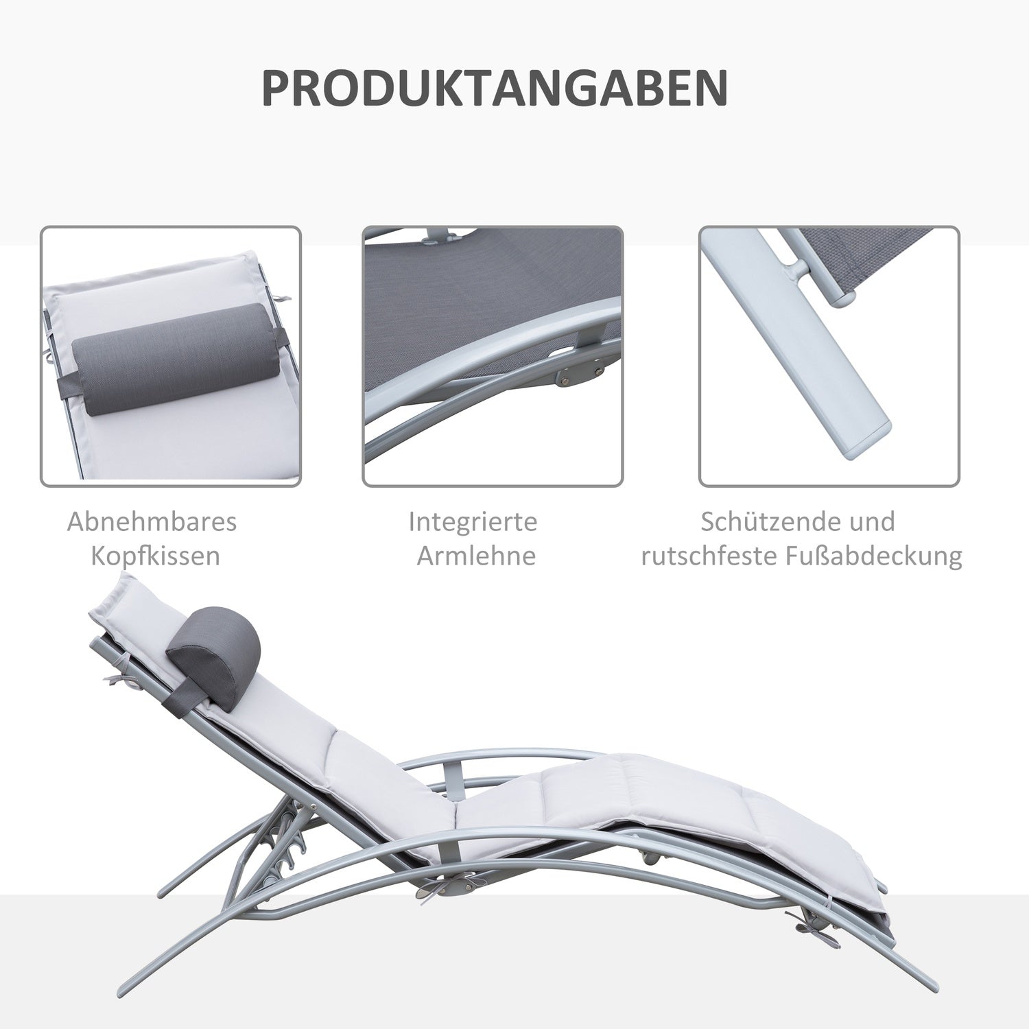 Verstelbare aluminium ligstoel – Grijs, 170 x 64 x 82 cm
