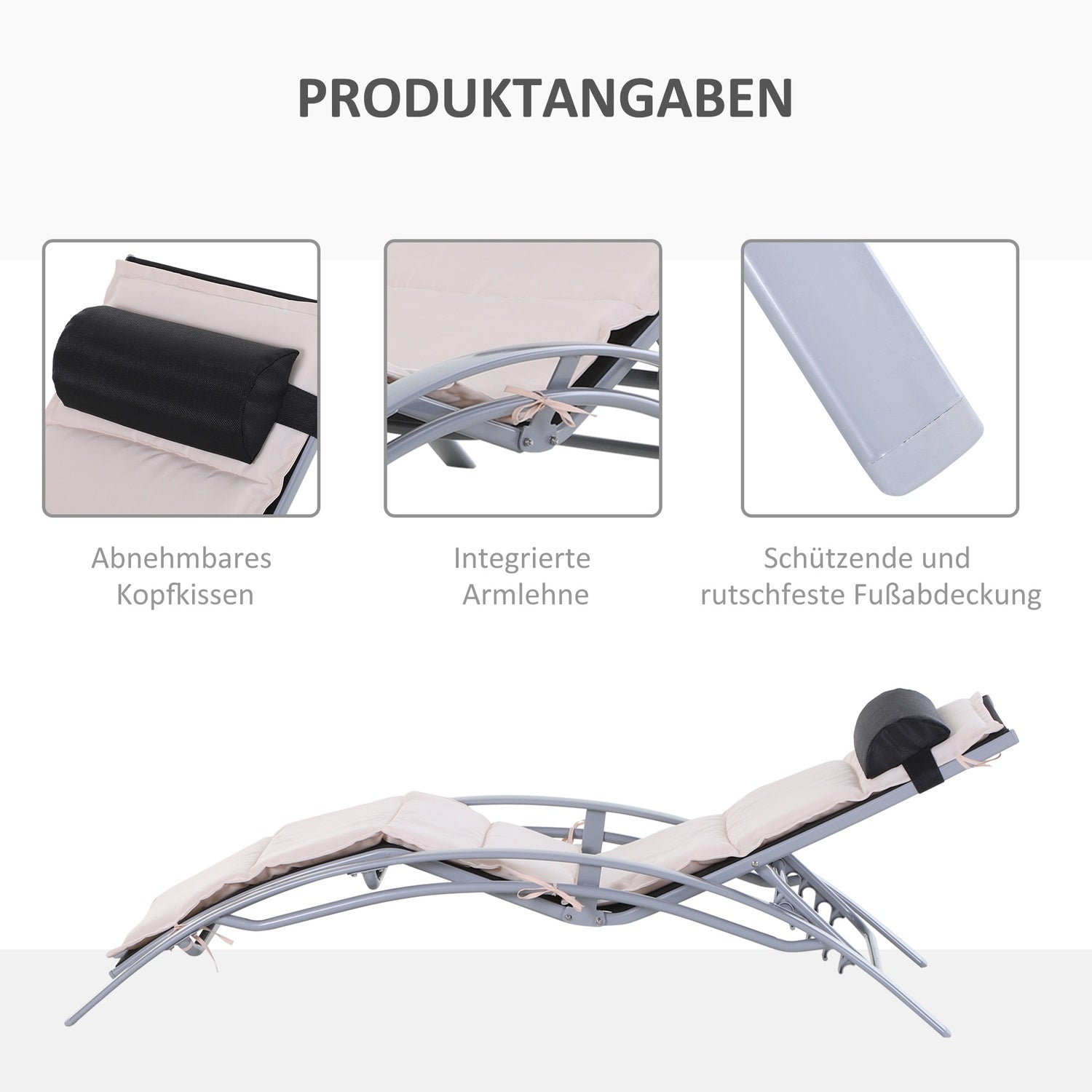 Verstelbare aluminium ligstoel – Crèmewit, 170x64x82 Cm