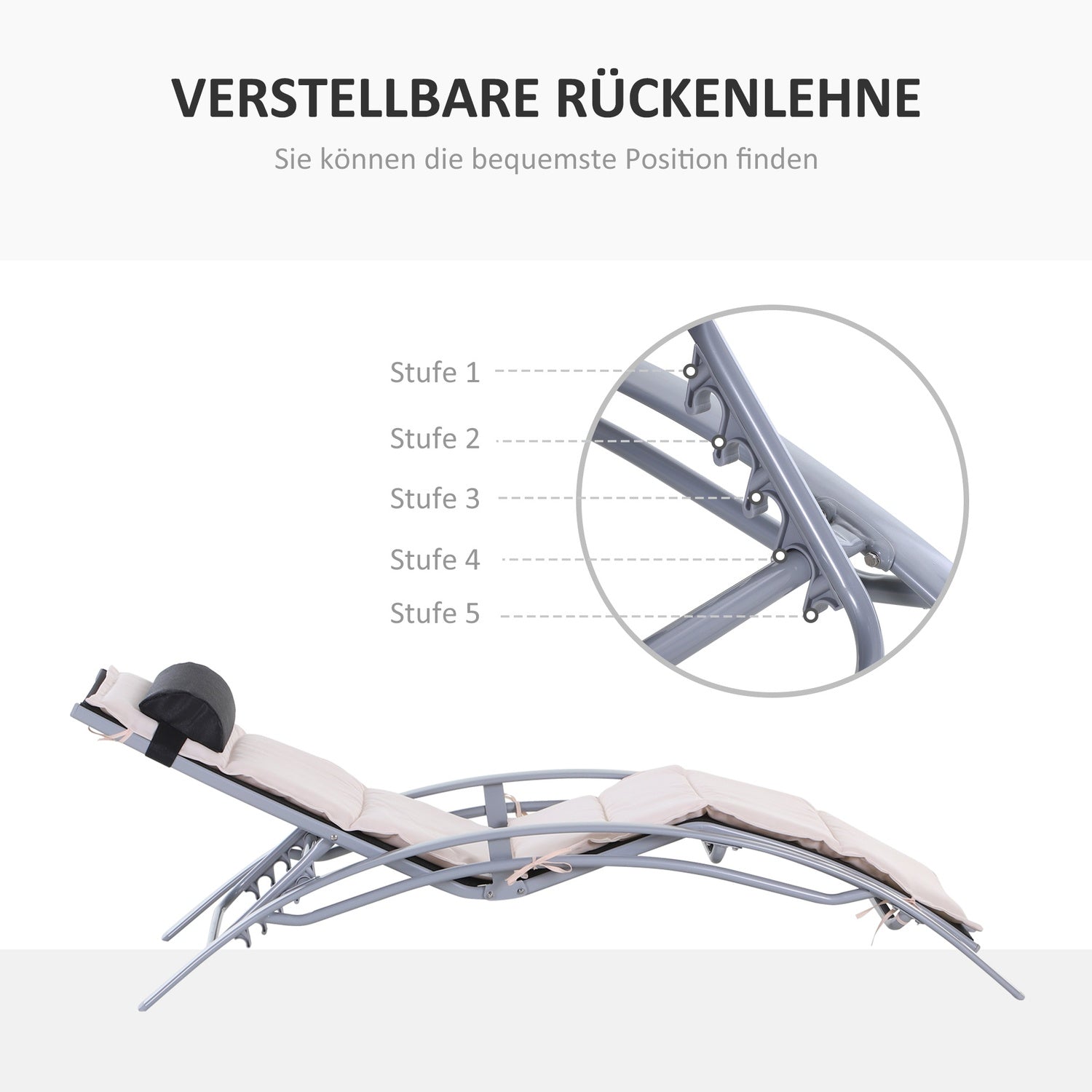Verstelbare aluminium ligstoel – Crèmewit, 170x64x82 Cm