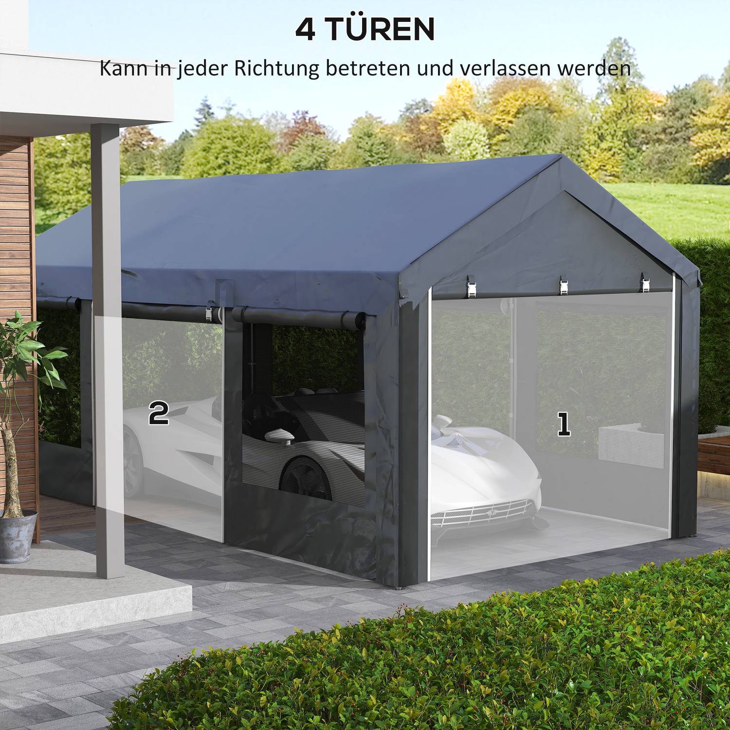 Verstelbare carport luifel van staal met gaasramen, donkergrijs