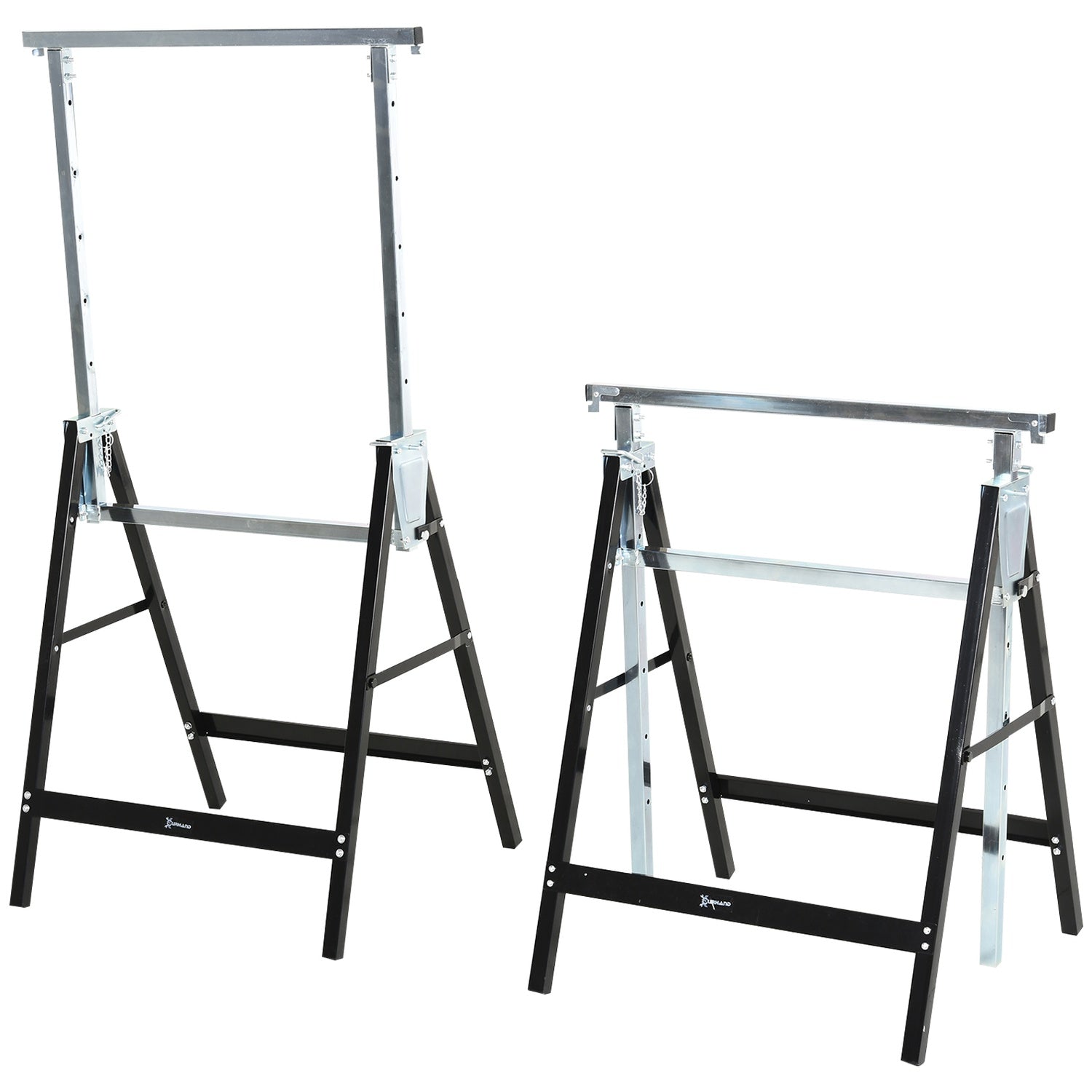 Justerbar svart metallsåg, hopfällbar, stödjer 200 kg