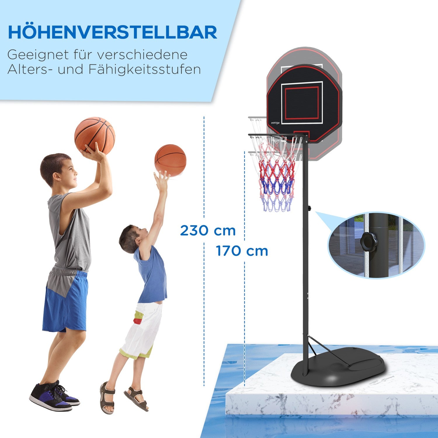 Verstelbare basketbalstandaard, 221-282 cm, onbreekbaar backboard