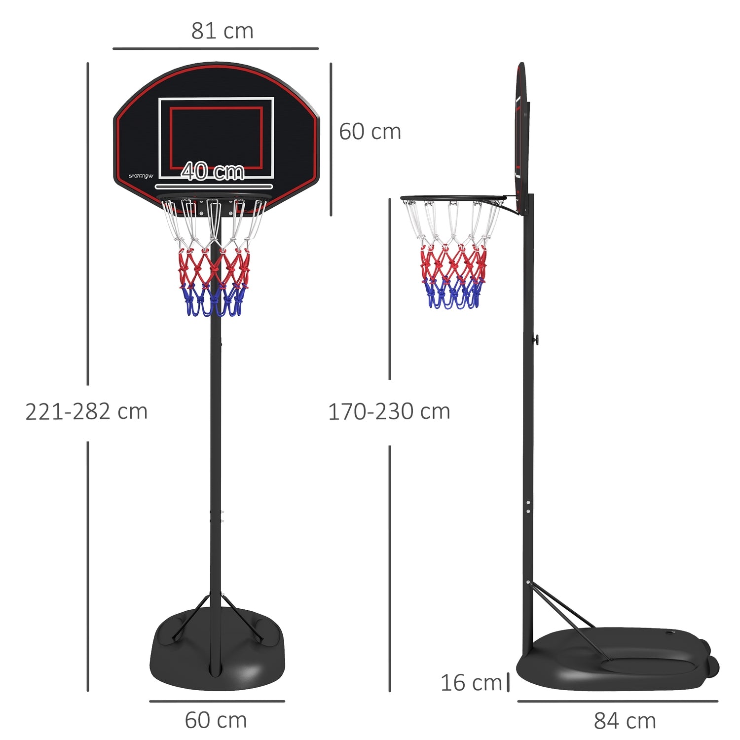 Verstelbare basketbalstandaard, 221-282 cm, onbreekbaar backboard