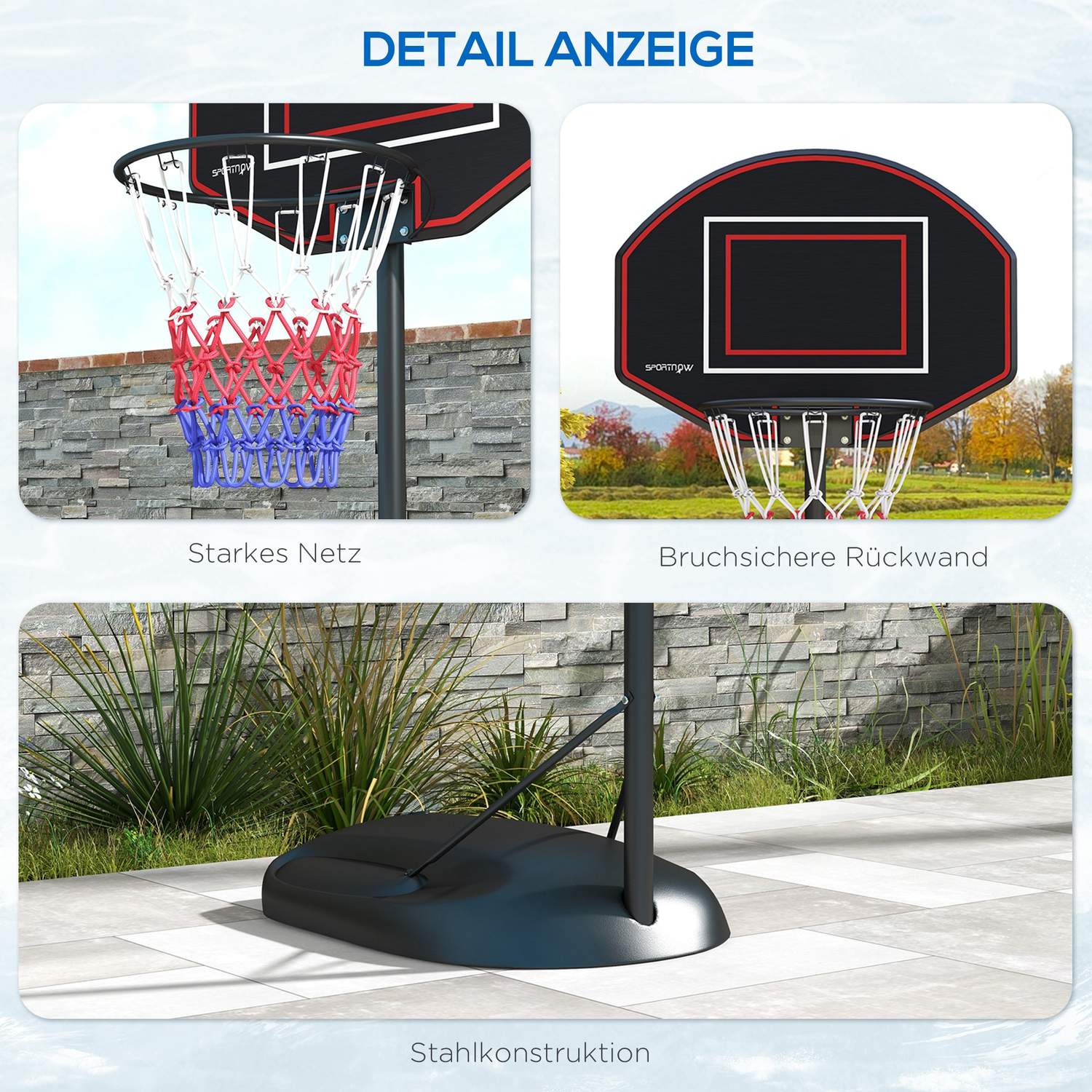 Verstelbare basketbalstandaard, 221-282 cm, onbreekbaar backboard