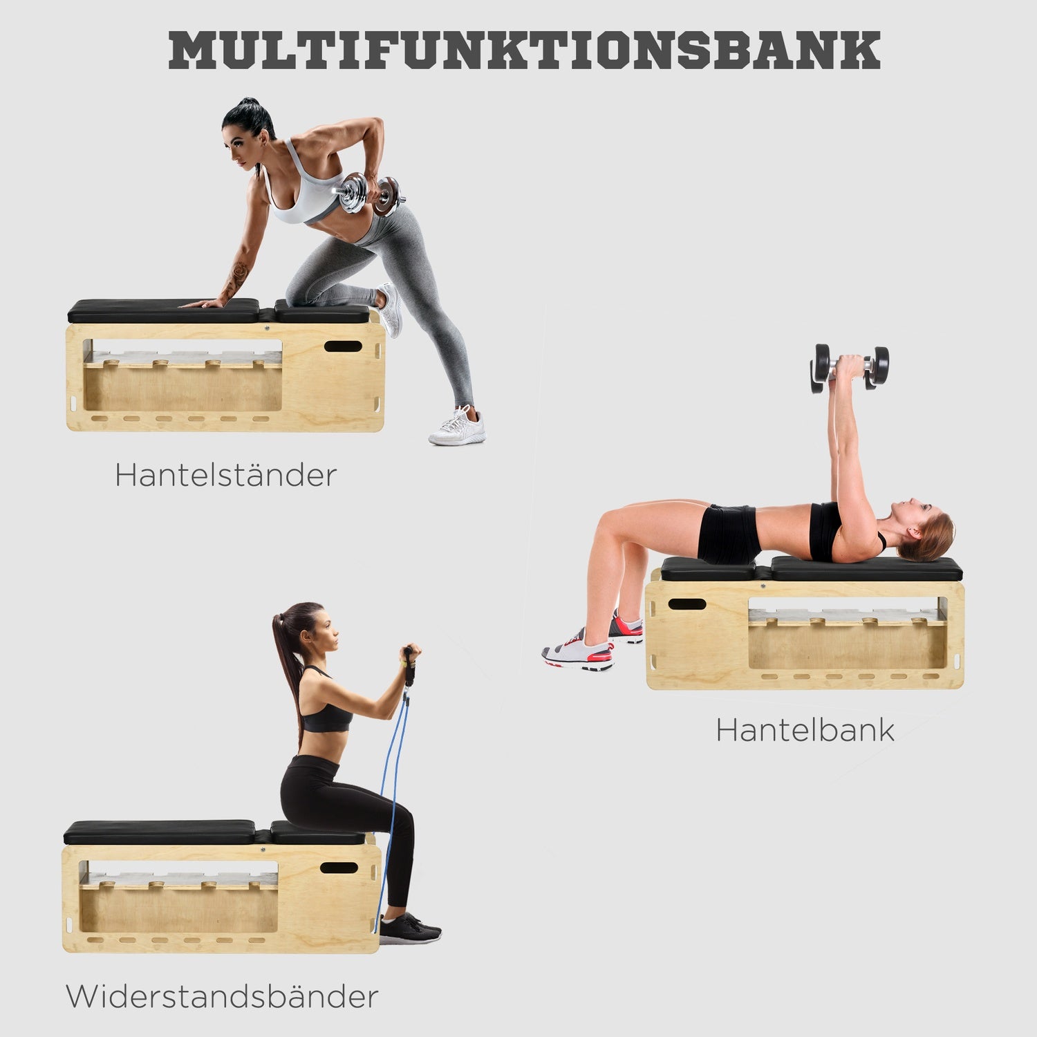 Verstellbare Hantelbank mit Aufbewahrungsbox, Widerstandsbänder