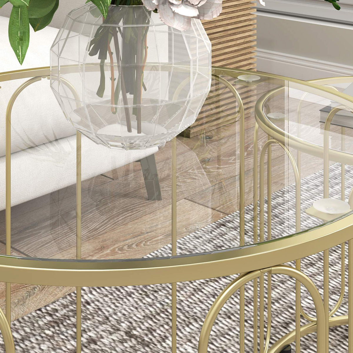 Ronde bijzettafels in elkaar passend, metalen frame, glazen blad