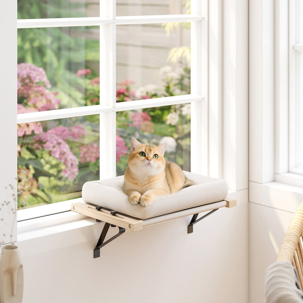 Kattenhangmat voor vensterbanken en radiatoren, kussen, houten frame