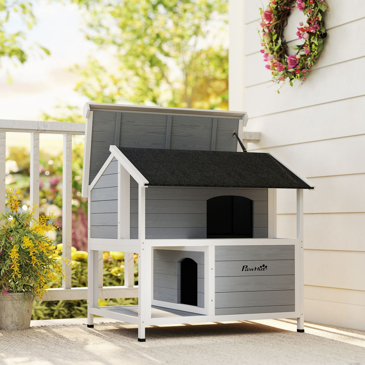 Kattenhuis voor buiten, waterdicht dennenhout, 2 verdiepingen, 80x93x95 cm