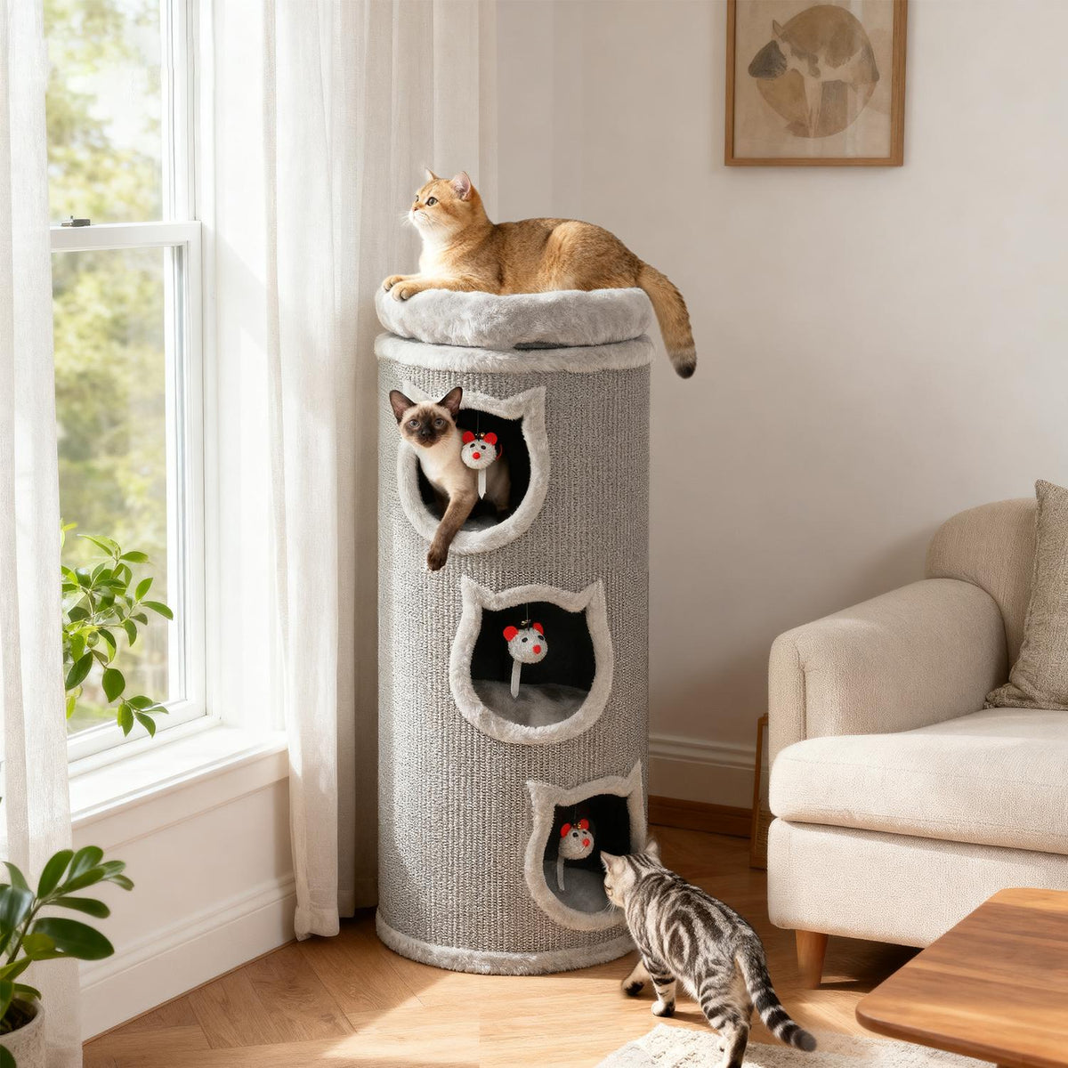 Kattenkrabpaal met wasbare ligmand, 96 cm, 3 schuilplekken, grijs