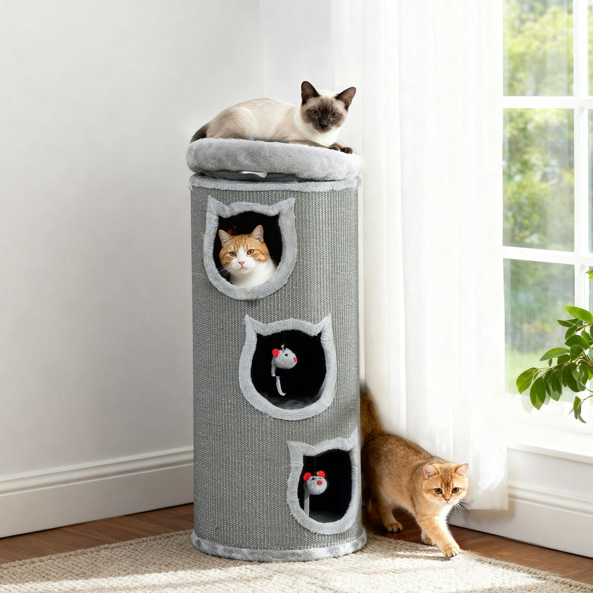 Kattenkrabpaal met wasbare ligmand, 96 cm, 3 schuilplekken, grijs
