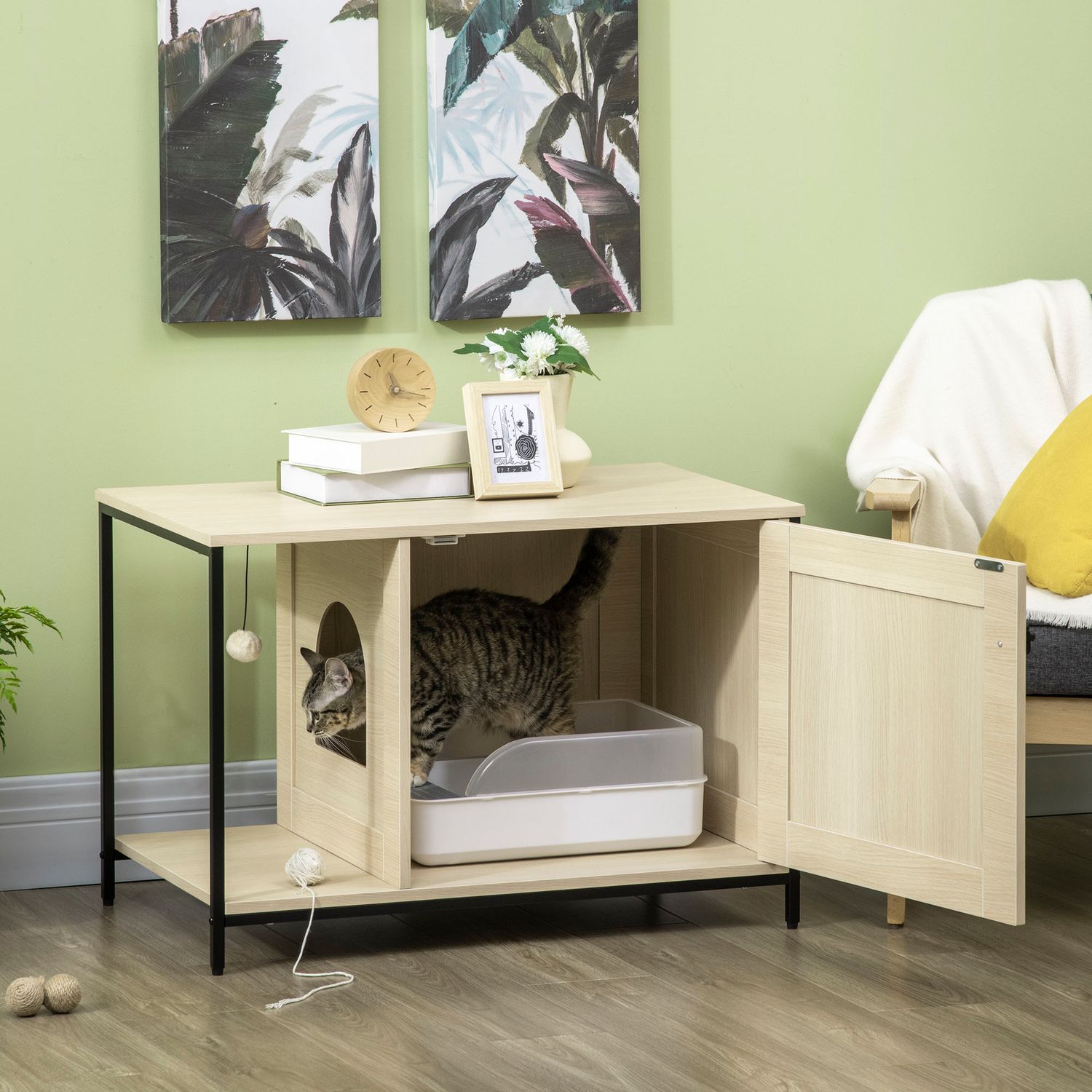 Kattenkast, kattenbak, eiken, magnetische deur, speelbal, 86x48x52 cm
