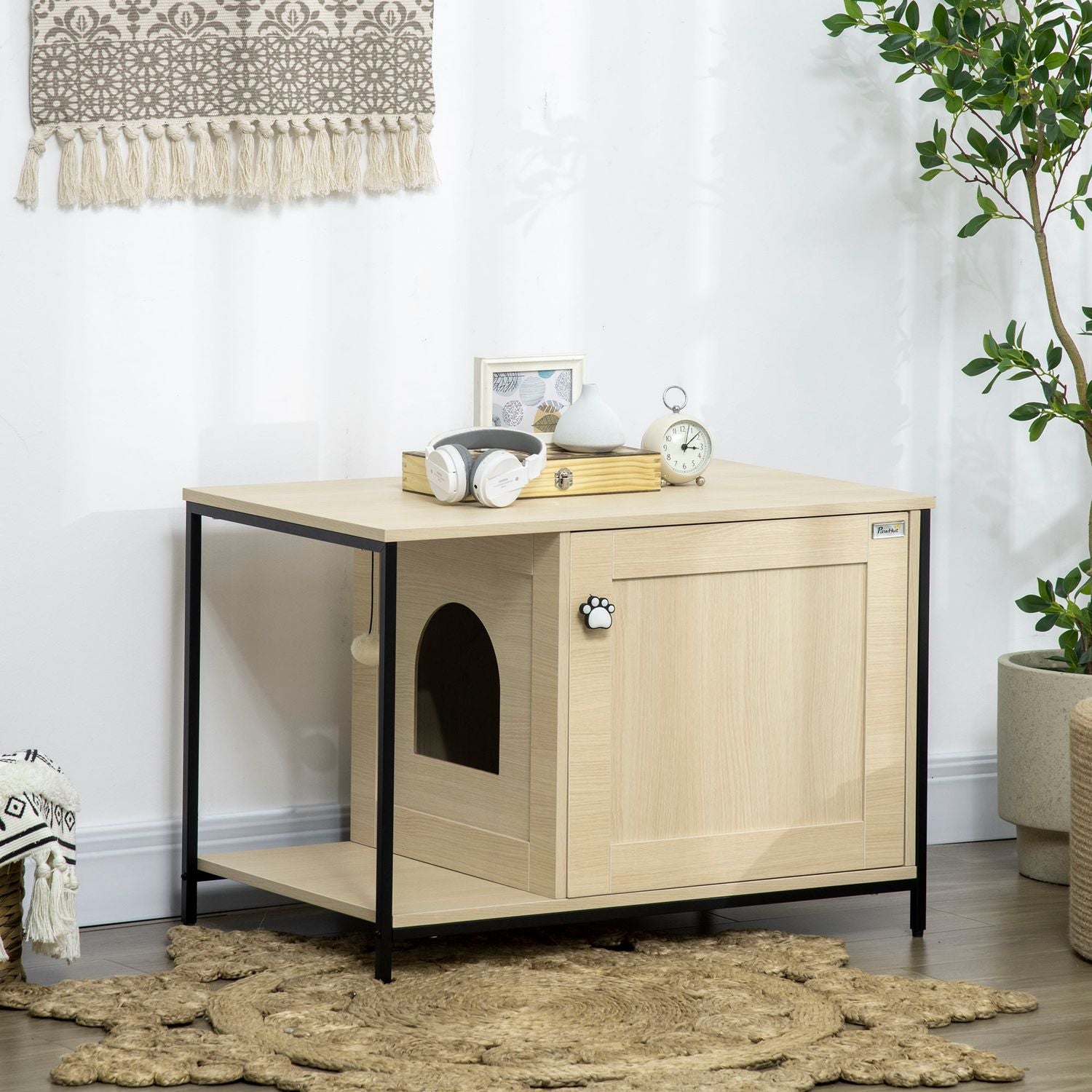 Kattenkast, kattenbak, eiken, magnetische deur, speelbal, 86x48x52 cm