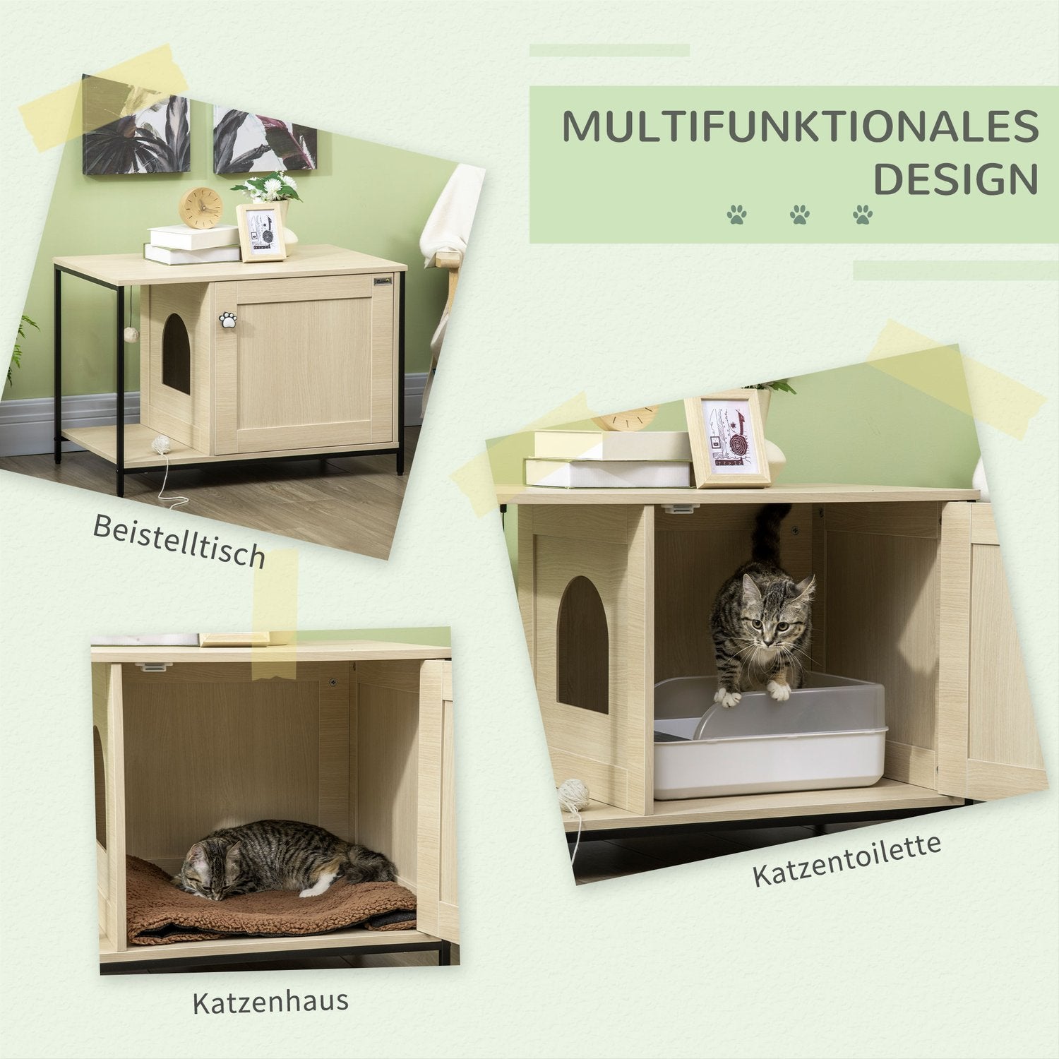 Kattenkast, kattenbak, eiken, magnetische deur, speelbal, 86x48x52 cm