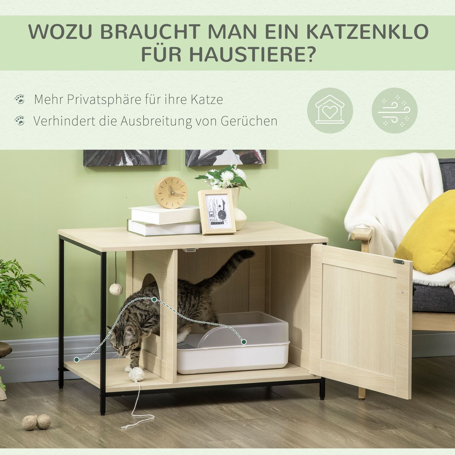 Kattenkast, kattenbak, eiken, magnetische deur, speelbal, 86x48x52 cm