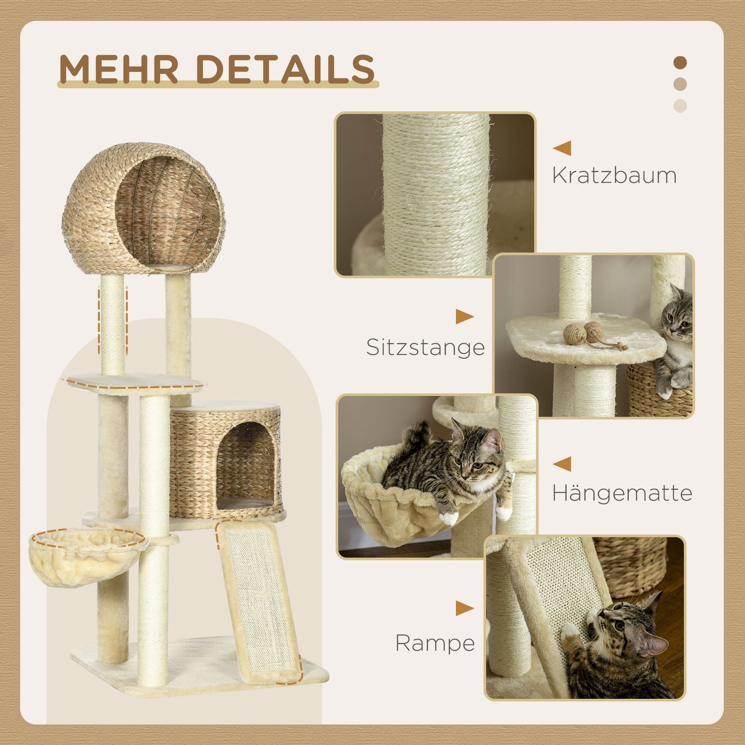 Kattskrapstolpe med rottinghus och hängmatta, beige