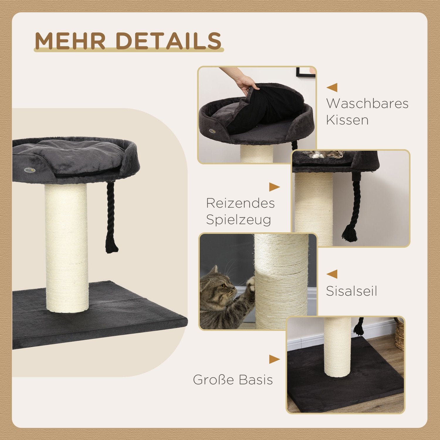 Krabhout met bed en sisal, 78 cm, grijs