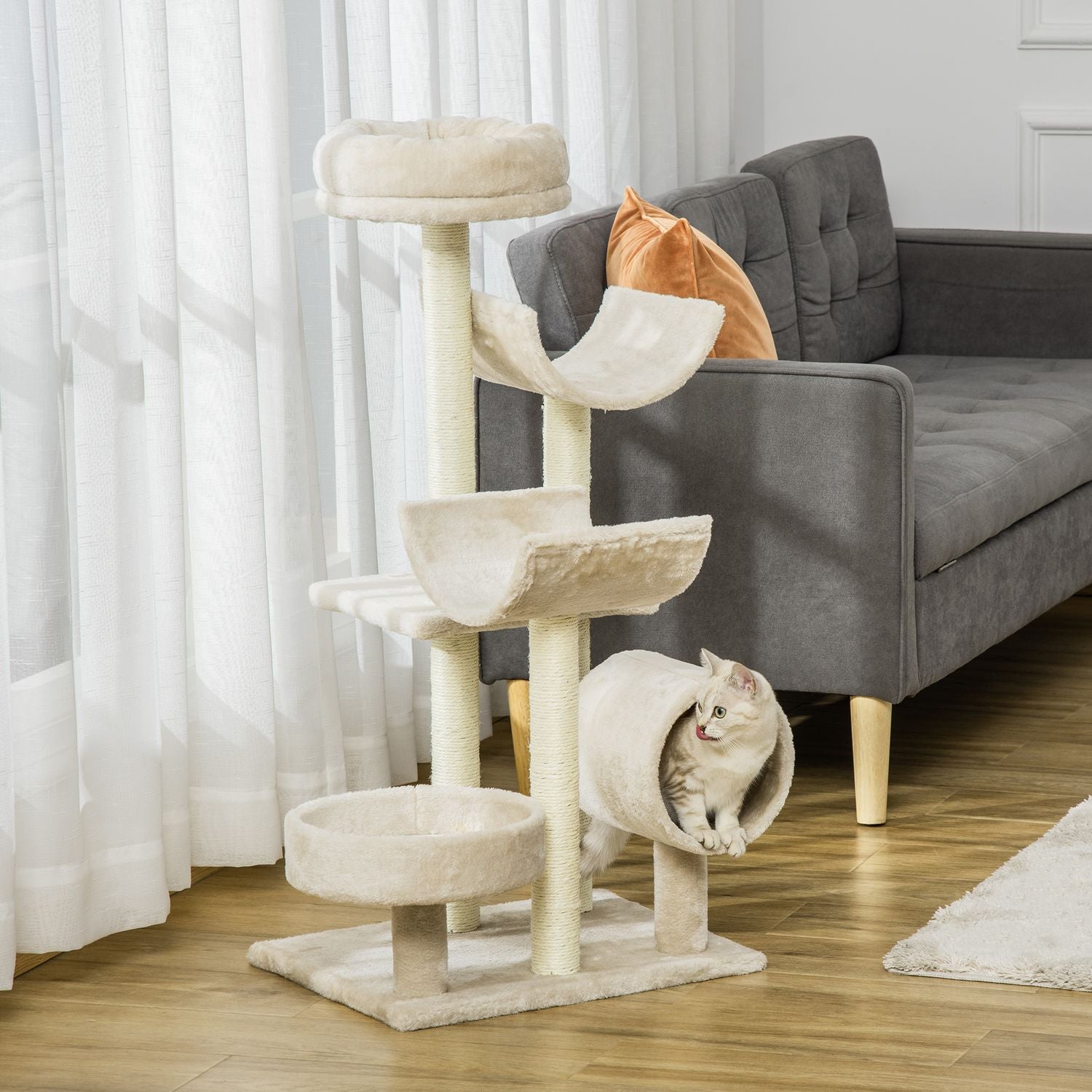 Krabpaal met tunnel, Beige, 105 cm Hoogte