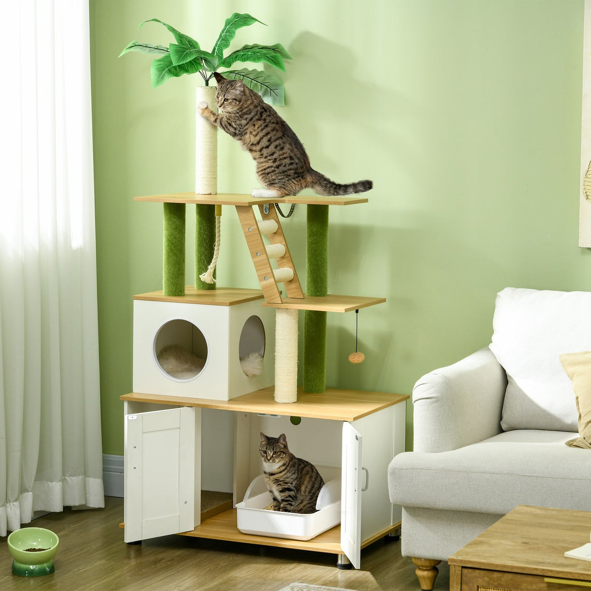 Kattenbakmeubel 2-in-1 met krabpaal en trappen