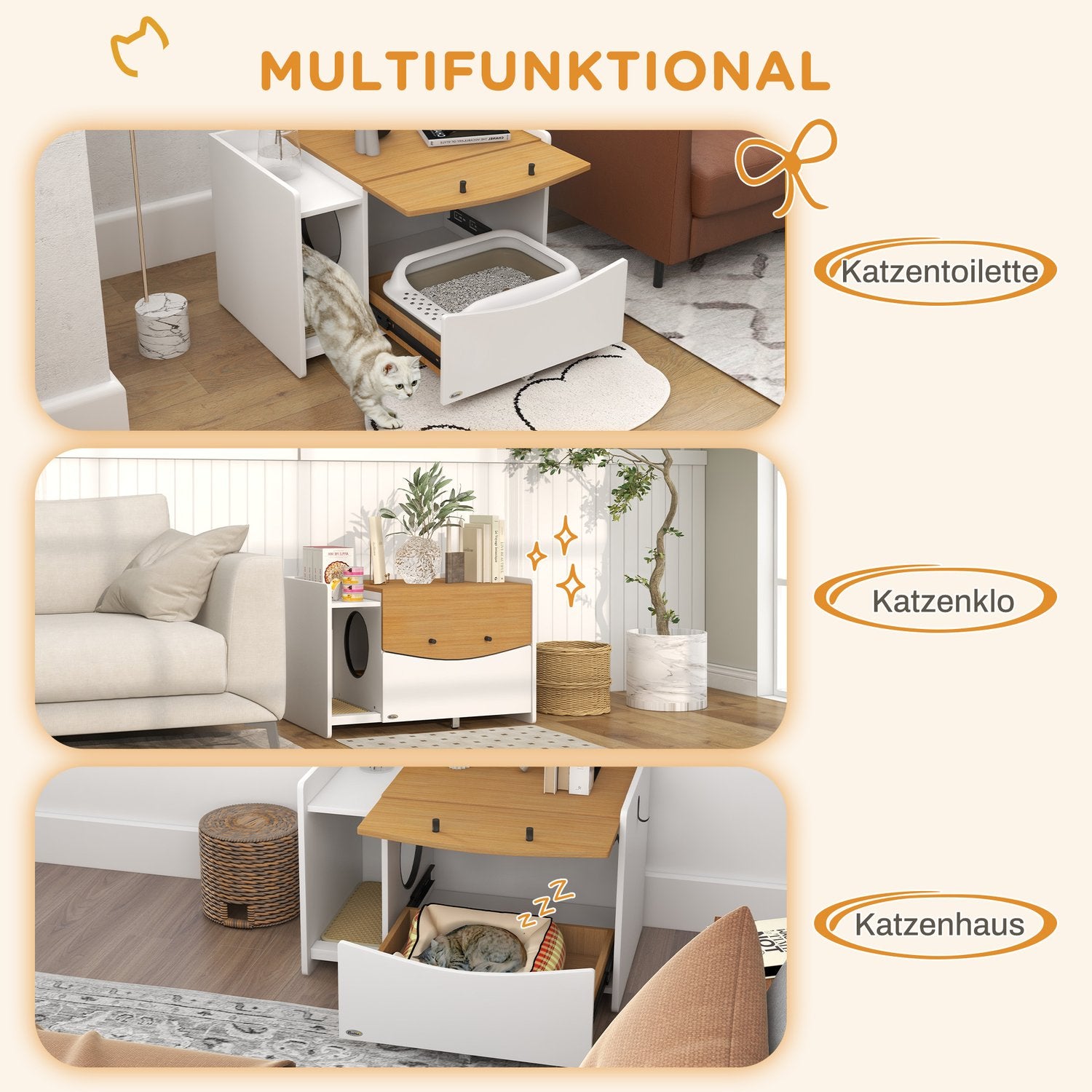 Mobile lettiera per gatti, rovere, con cassetto estraibile