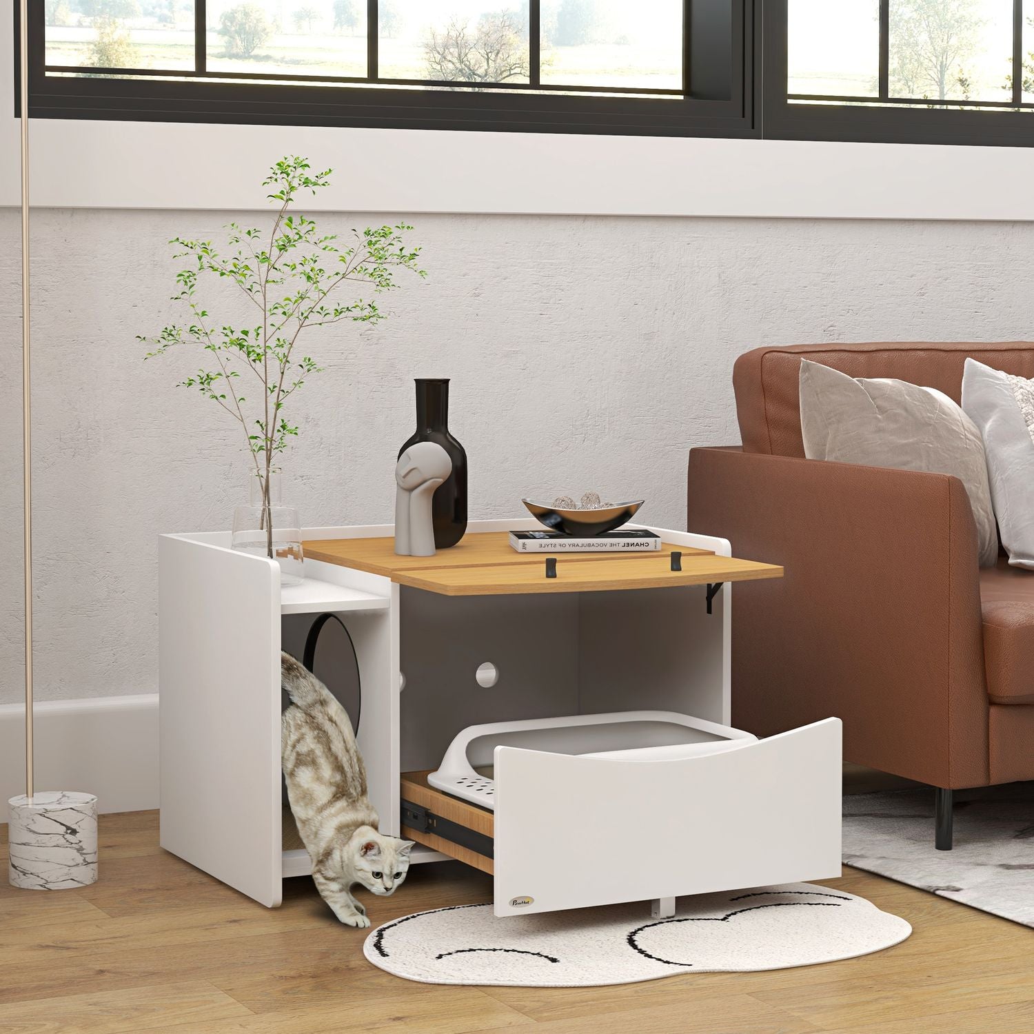 Mobile lettiera per gatti, rovere, con cassetto estraibile