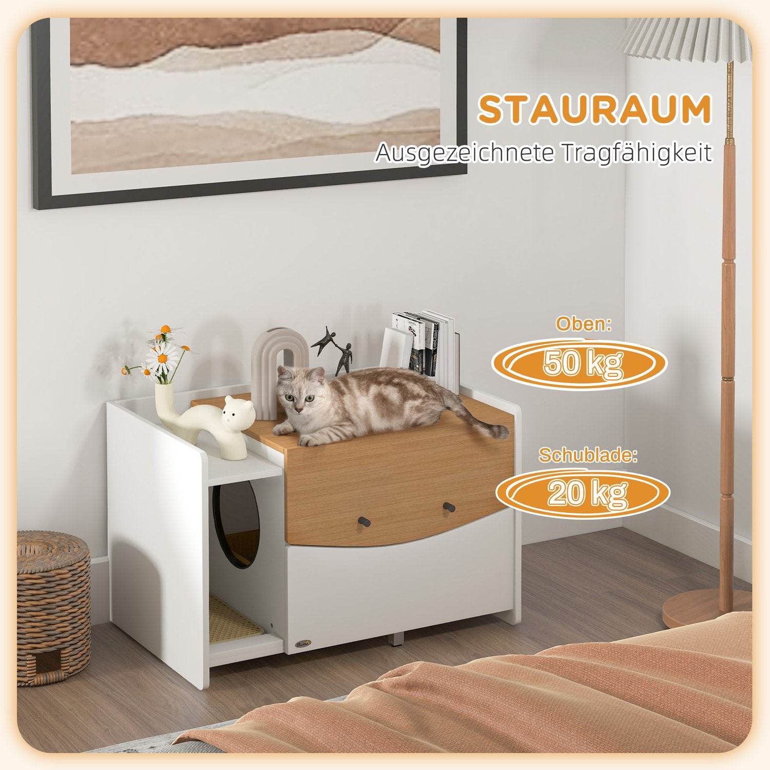 Mobile lettiera per gatti, rovere, con cassetto estraibile