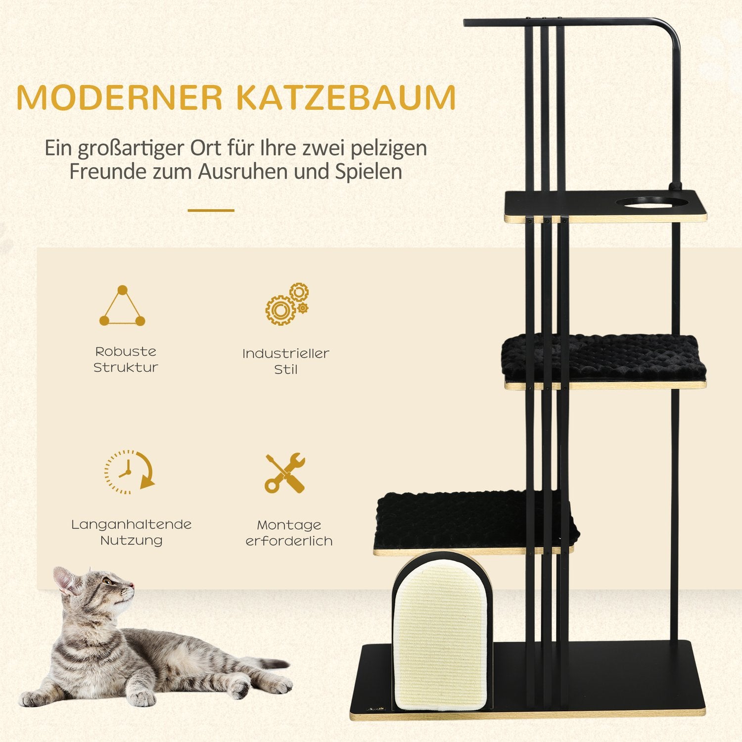 Arbre à chat 170cm, grand acier noir avec coussins & plateformes