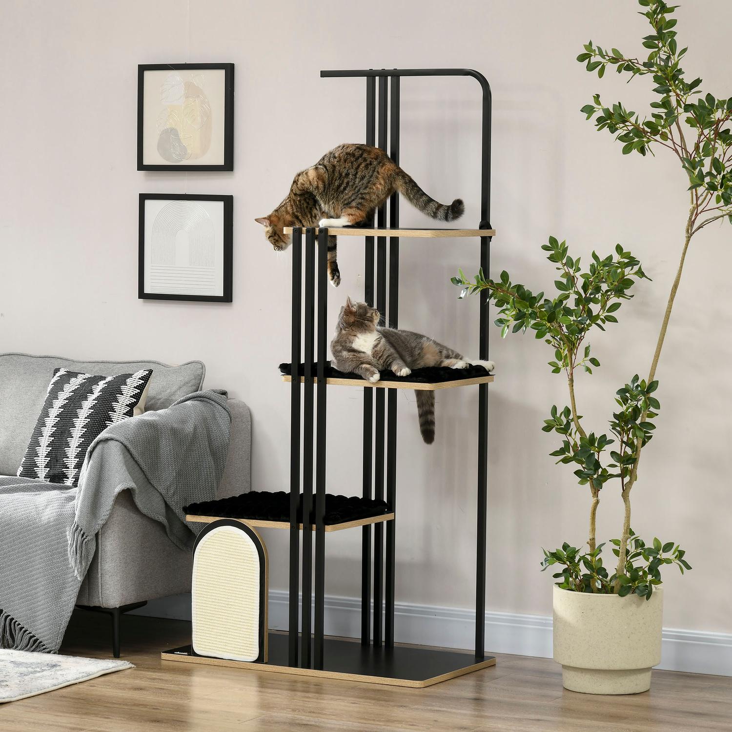Arbre à chat 170cm, grand acier noir avec coussins & plateformes