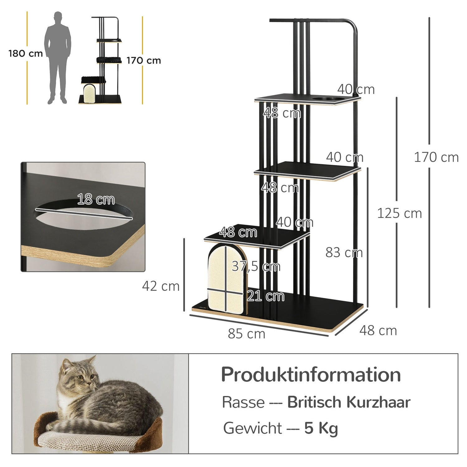 Arbre à chat 170cm, grand acier noir avec coussins & plateformes
