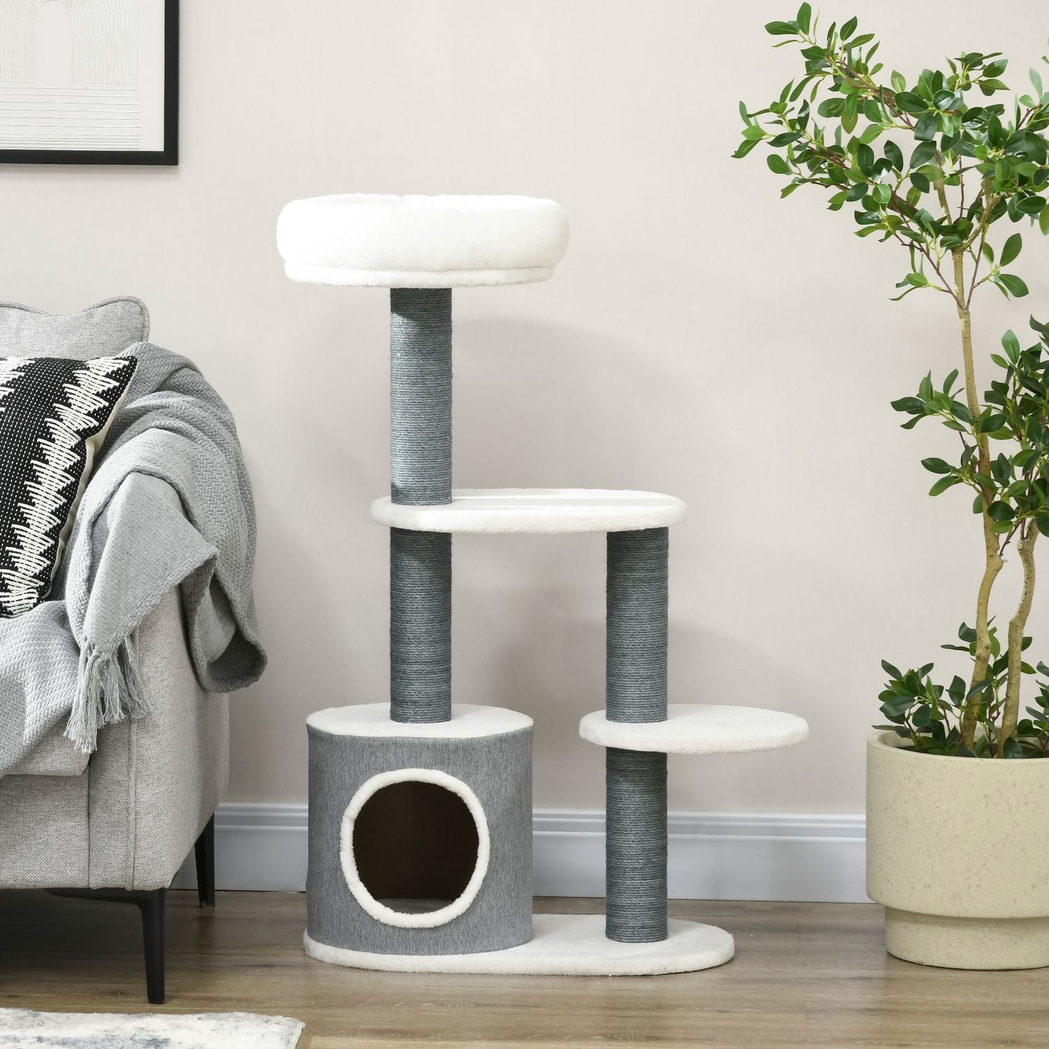 Kattenkrabpaal met grot & krabstam, 98cm, grijs/wit