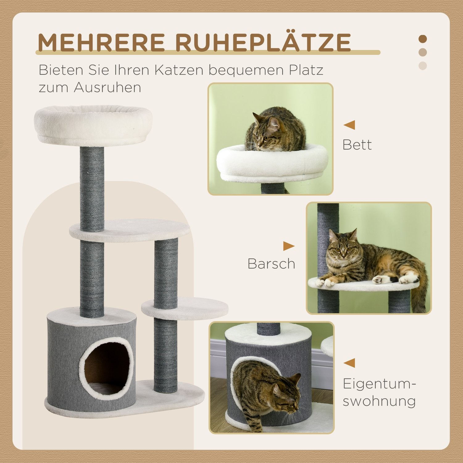 Kattenkrabpaal met grot & krabstam, 98cm, grijs/wit