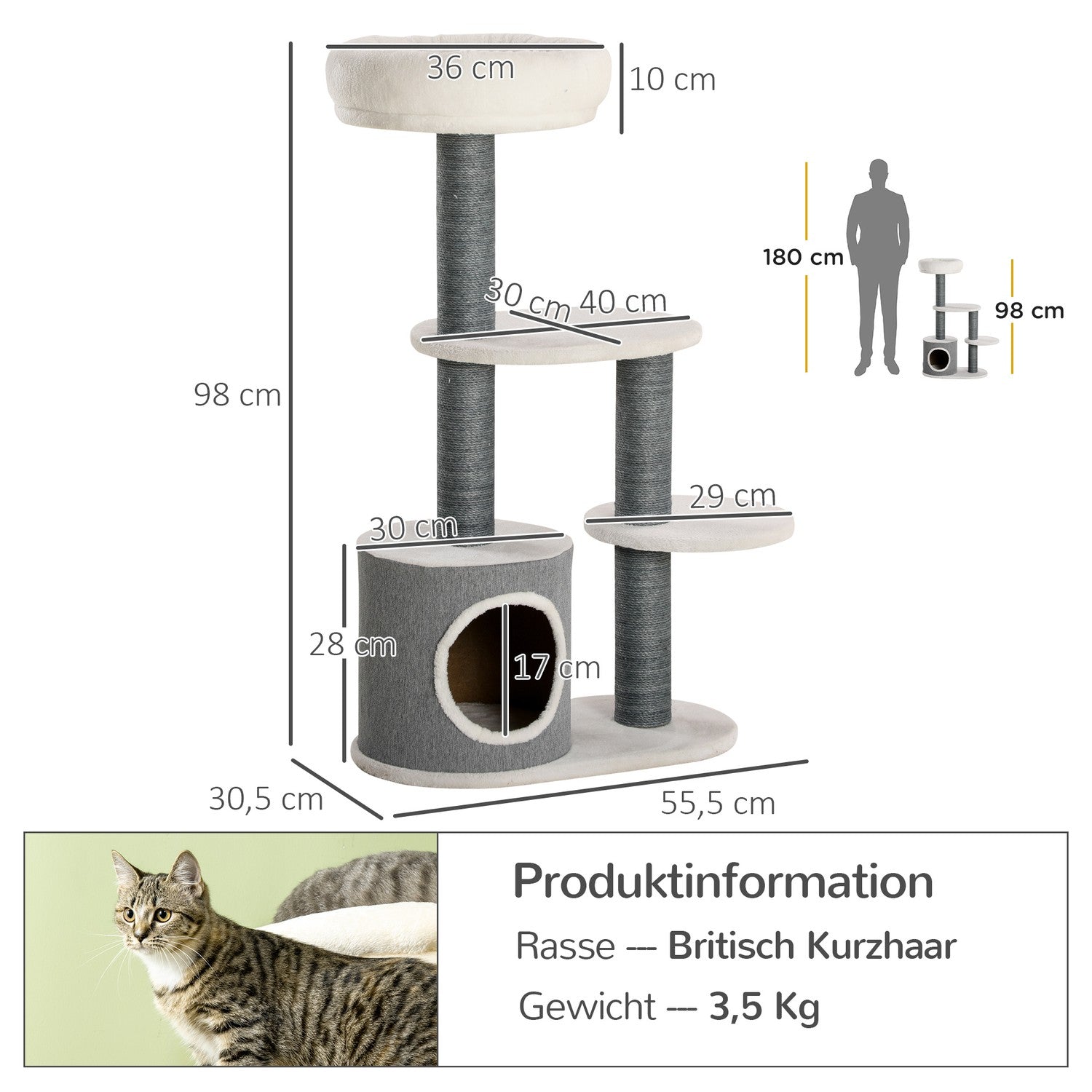 Kattenkrabpaal met grot & krabstam, 98cm, grijs/wit