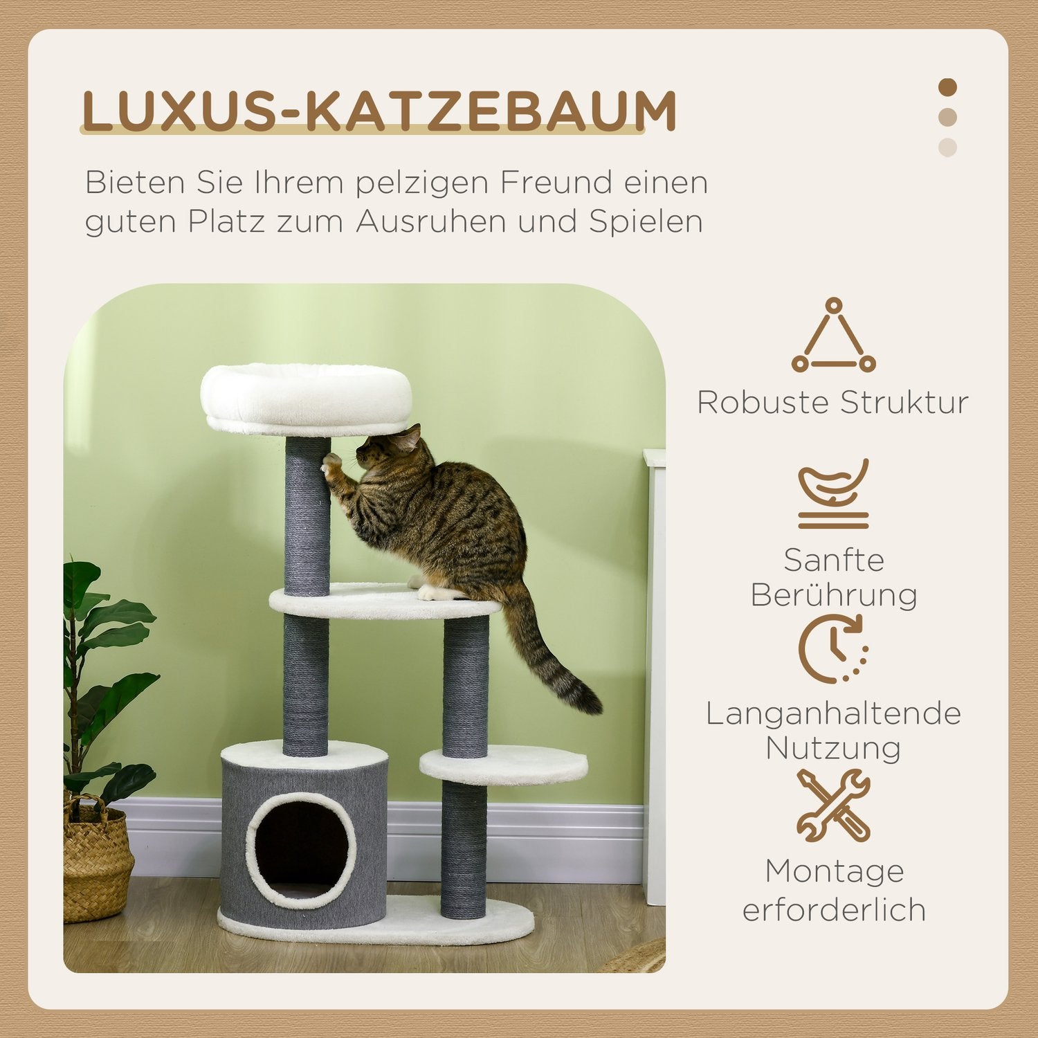 Kattenkrabpaal met grot & krabstam, 98cm, grijs/wit