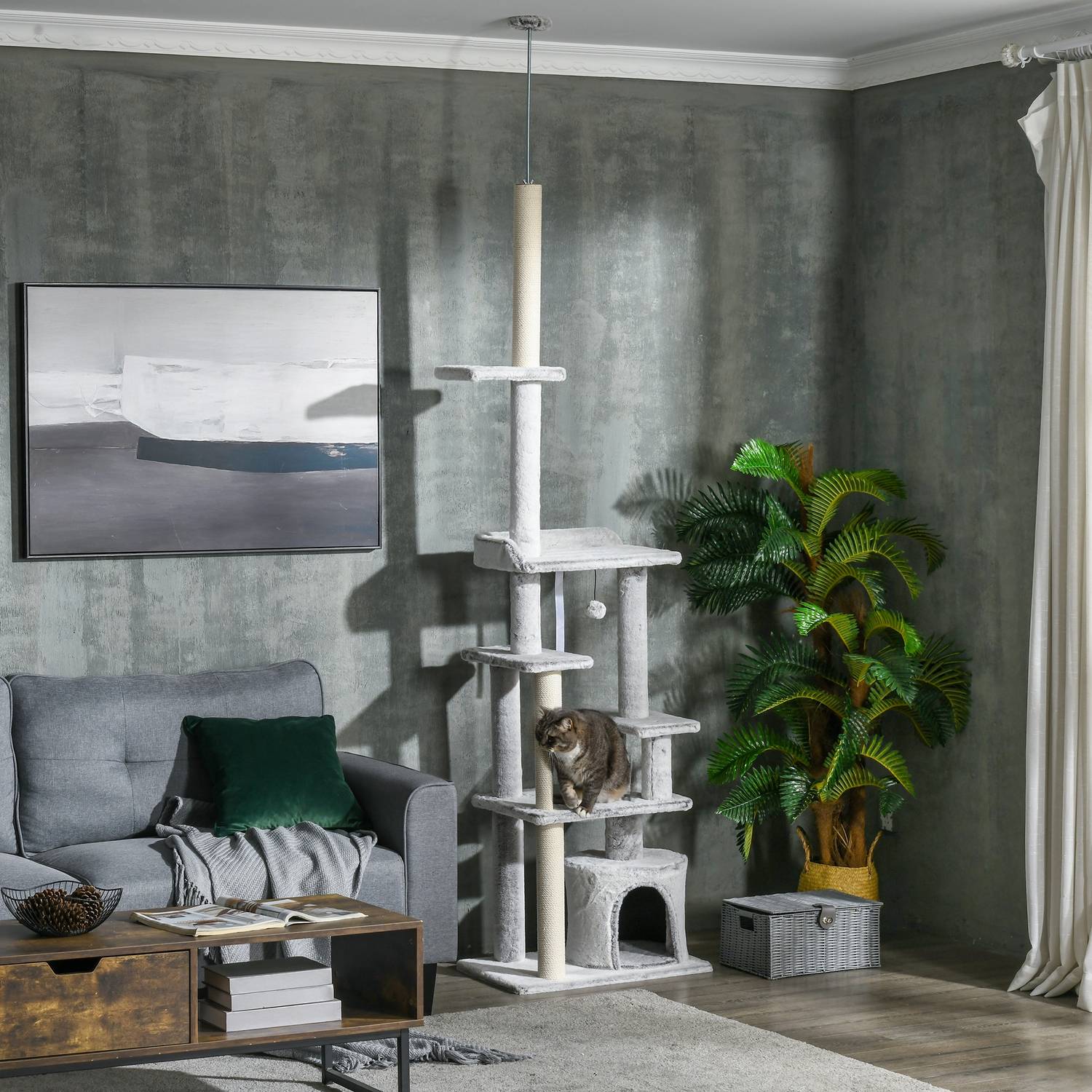 Kattentoren met hoog plafond, krabpaal, lichtgrijs, 225-255 cm