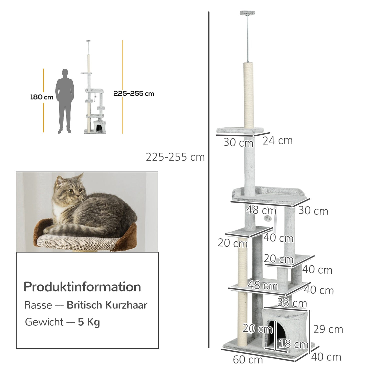 Kattentoren met hoog plafond, krabpaal, lichtgrijs, 225-255 cm