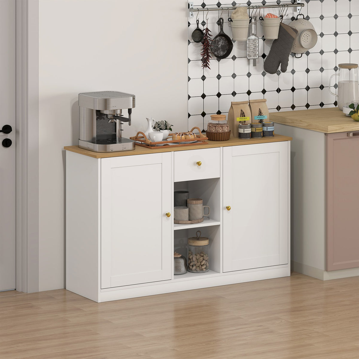 Keukenbureau, dressoir met lade, kast, planken, spaanplaat, wit