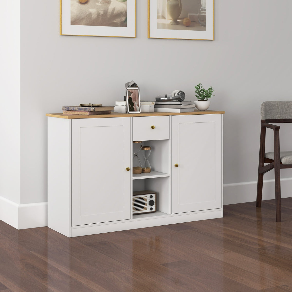 Keukenbureau, dressoir met lade, kast, planken, spaanplaat, wit