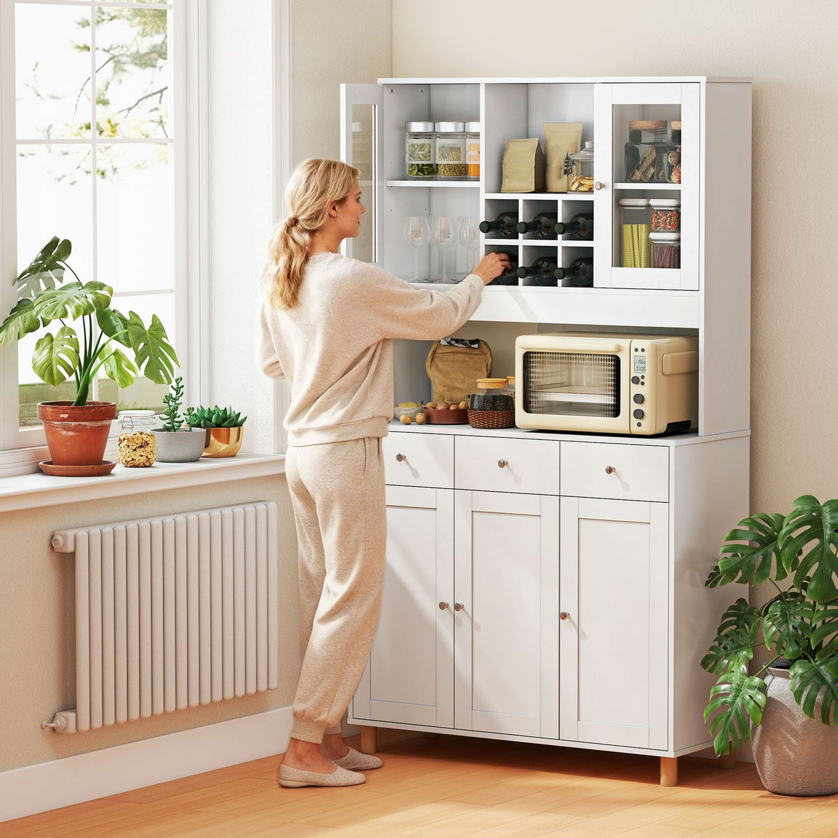 Keukenkast, 180 cm, glazen deuren, verstelbare planken, wit